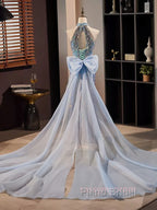 Blue Halter Beading Sequin Mermaid Formal Prom Dresses With Detachable Bow