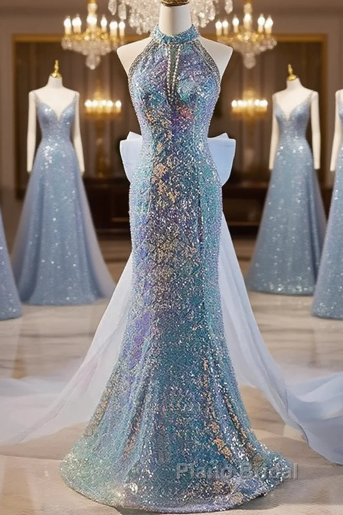 Blue Halter Beading Sequin Mermaid Formal Prom Dresses With Detachable Bow Main image