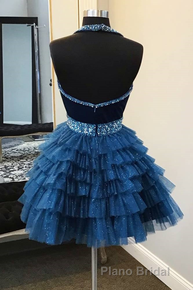 Blue Halter Multi-Layered Tulle Homecoming Dresses