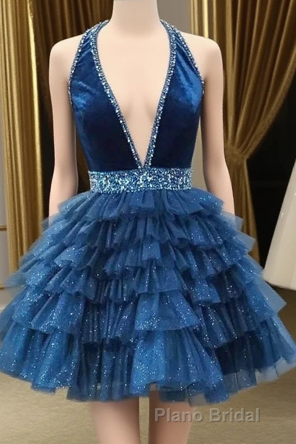 Blue Halter Multi-Layered Tulle Homecoming Dresses