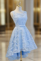 Blue High Low Lace Formal Prom Dresses, Blue High Low Lace Graduation Homecoming Dresses