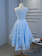 Blue High Low Lace Formal Prom Dresses, Blue High Low Lace Graduation Homecoming Dresses