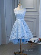 Blue High Low Lace Formal Prom Dresses, Blue High Low Lace Graduation Homecoming Dresses