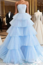 Blue High Low Tulle Formal Prom Dresses, Blue Tulle High Low Formal Graduation Dresses