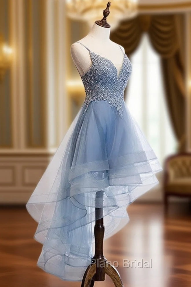 Blue High Low Tulle V-neckline Straps Party Dresses with Lace, Cute Homecoming Dresses Main image