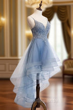 Blue High Low Tulle V-neckline Straps Party Dresses with Lace, Cute Homecoming Dresses