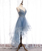 Blue High Low Tulle V-Neckline Straps Party Dresses With Lace, Cute Homecoming Dresses