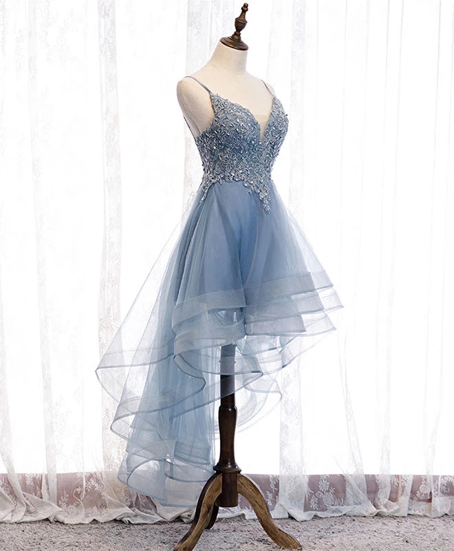 Blue High Low Tulle V-Neckline Straps Party Dresses With Lace, Cute Homecoming Dresses