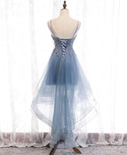 Blue High Low Tulle V-Neckline Straps Party Dresses With Lace, Cute Homecoming Dresses