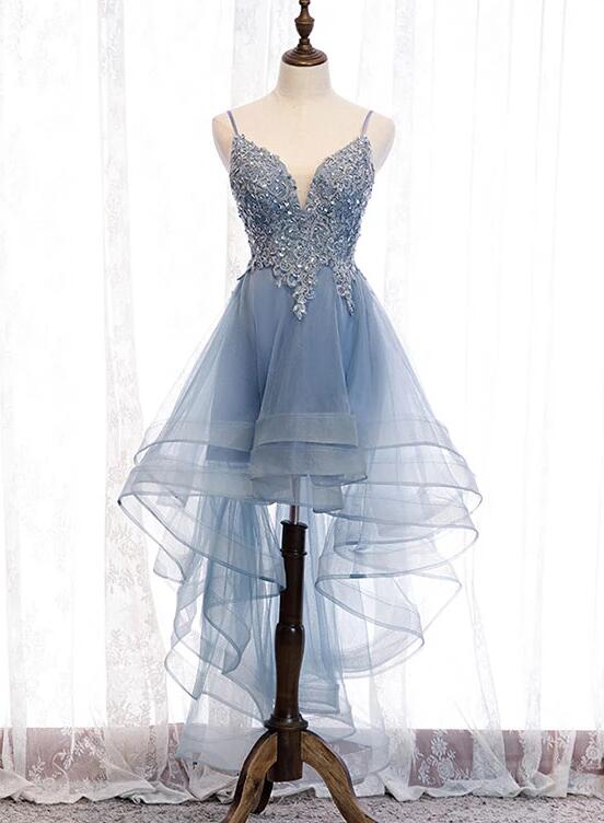 Blue High Low Tulle V-Neckline Straps Party Dresses With Lace, Cute Homecoming Dresses Main image