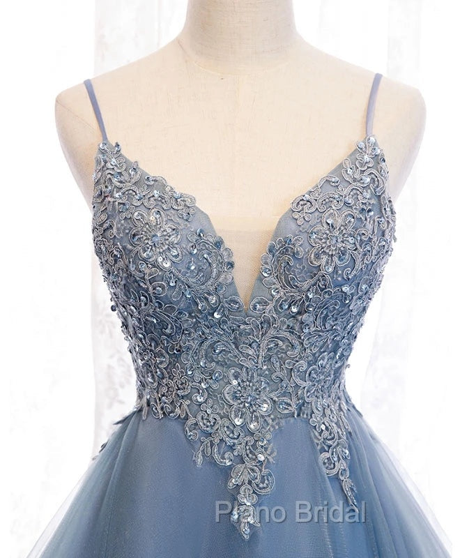 Blue High Low Tulle V-neckline Straps Party Dresses with Lace, Cute Homecoming Dresses