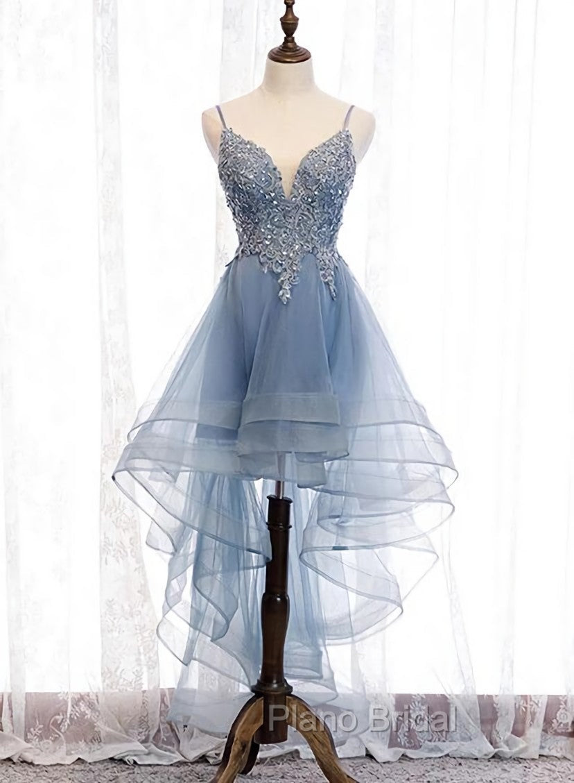 Blue High Low Tulle V-neckline Straps Party Dresses with Lace, Cute Homecoming Dresses