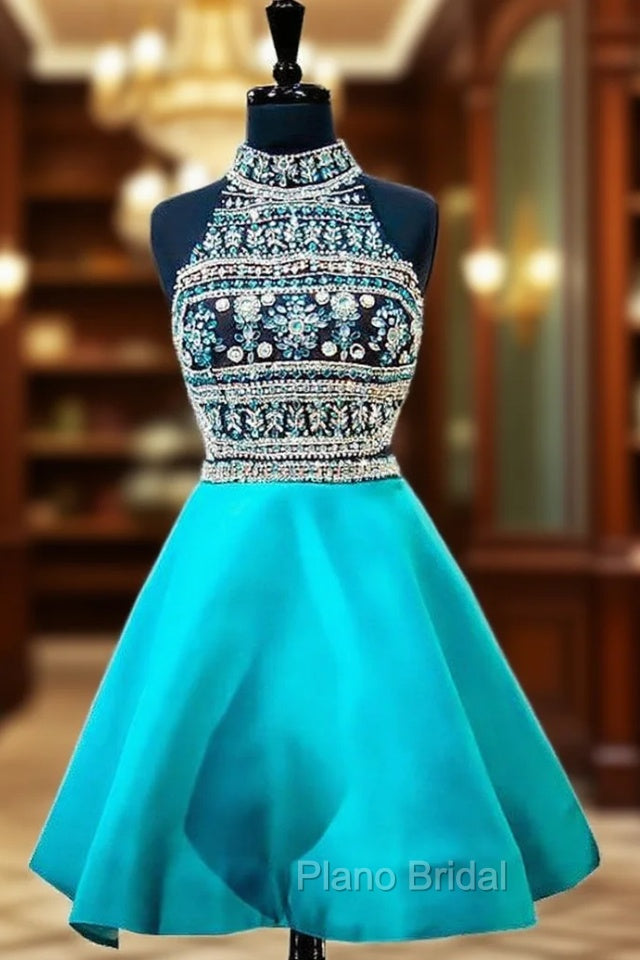 Blue High Neck Beaded Crystals Backless Party Homecoming Dresses