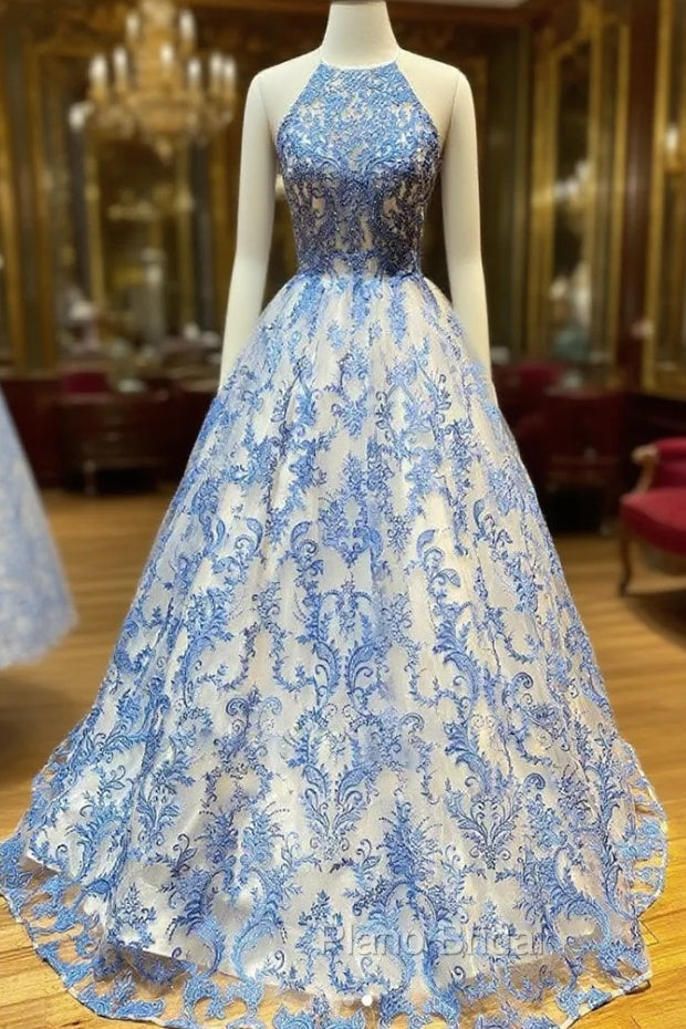 Blue High Neck Tulle Lace Long Formal Prom Dresses Blue Lace Evening Dresses