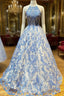 Blue High Neck Tulle Lace Long Formal Prom Dresses Blue Lace Evening Dresses