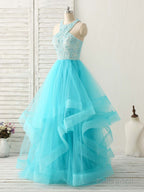 Blue High Neck Tulle Long Prom Dress Blue Evening Dress
