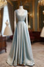 Blue Illusion V-neck Pleats Beading Formal Prom Dresses