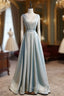 Blue Illusion V-neck Pleats Beading Formal Prom Dresses