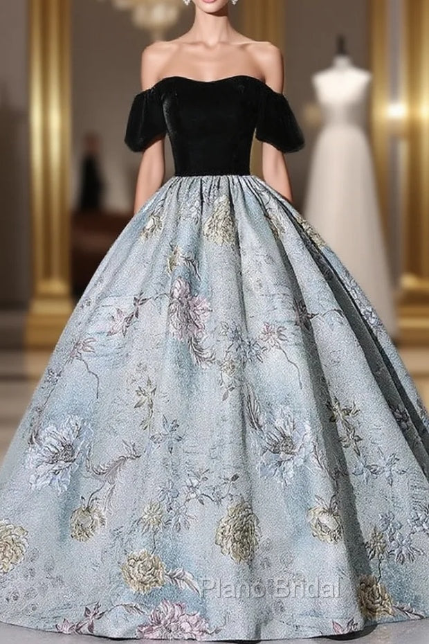 Blue Jacquard Black Velvet Quinceanera Dresses