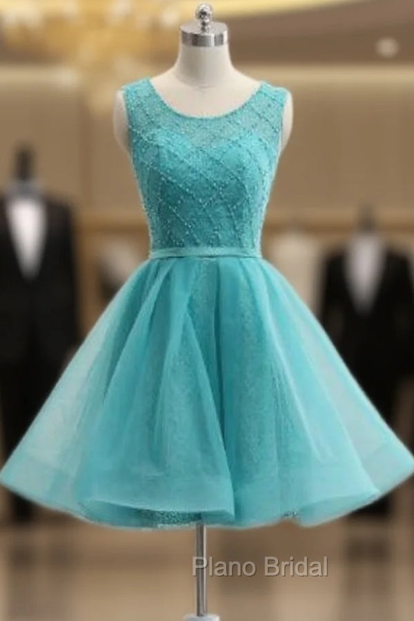 Blue Knee Length Lace With Tulle Open Back Cocktail Dresses