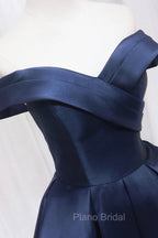 Blue Knee Length Satin Short Formal Prom Dresses, Off the Shoulder Blue Homecoming Dresses
