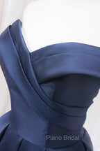 Blue Knee Length Satin Short Formal Prom Dresses, Off the Shoulder Blue Homecoming Dresses