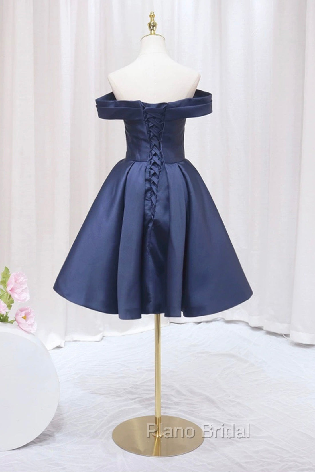 Blue Knee Length Satin Short Formal Prom Dresses, Off the Shoulder Blue Homecoming Dresses