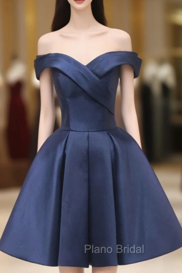 Blue Knee Length Satin Short Formal Prom Dresses, Off the Shoulder Blue Homecoming Dresses Main image