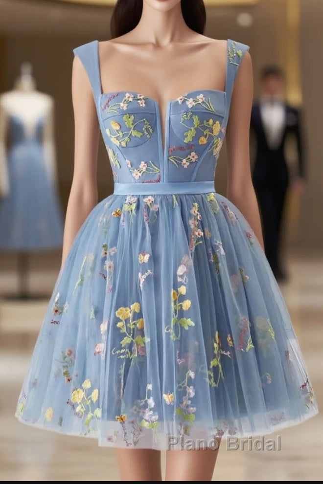 Blue Knee Length Tulle Party Dresses, Cute Blue  Floral Tulle Homecoming Dresses Main image