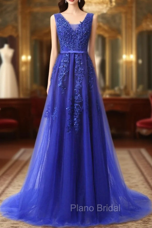 Blue Lace Beading Backless Formal Prom Dresses