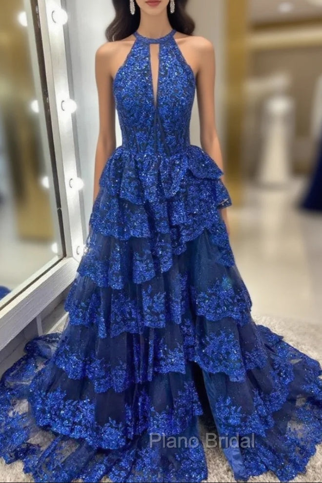 Blue Lace Halter Tiers Formal Prom Dresses