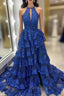 Blue Lace Halter Tiers Formal Prom Dresses