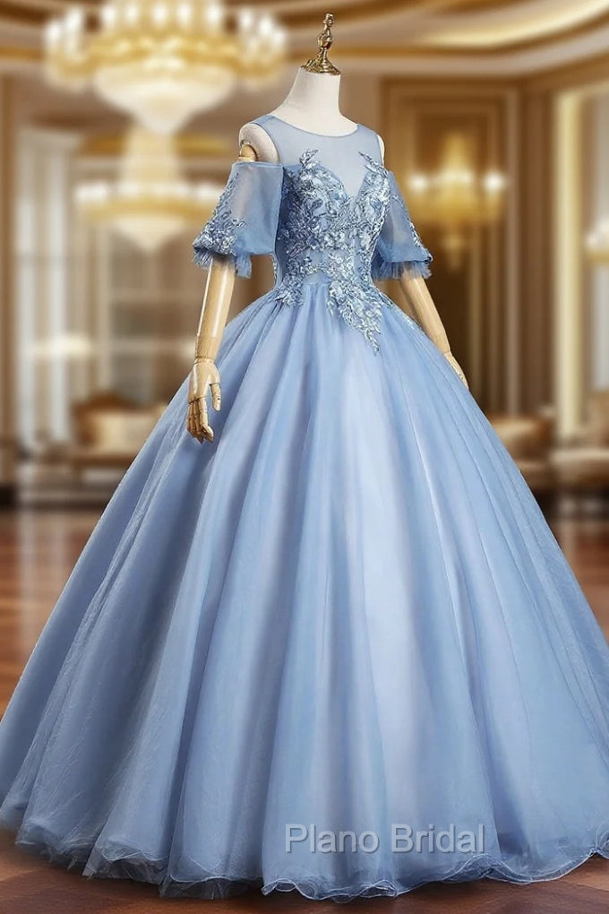 Blue Lace Long A-Line Ball Gown, Blue Formal Party Dresses Main image