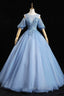 Blue Lace Long A-Line Ball Gown, Blue Formal Party Dresses