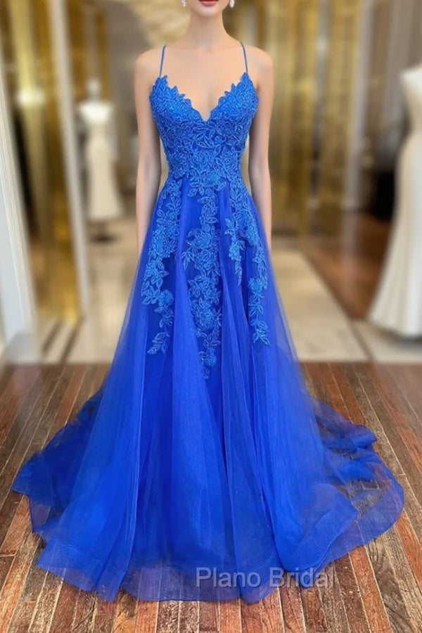 Blue Lace Long A-Line Formal Prom Dresses, Elegant V-Neck Formal Evening Dresses Main image