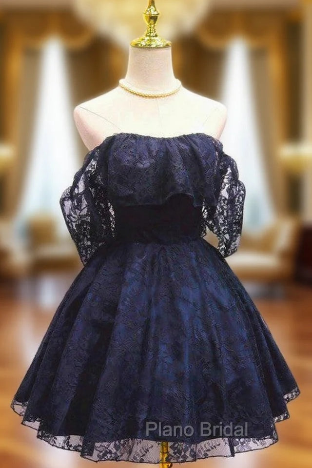 Blue Lace Off Shoulder Short Party Dresses, Blue Homecoming Dresses Party Dresses Main image
