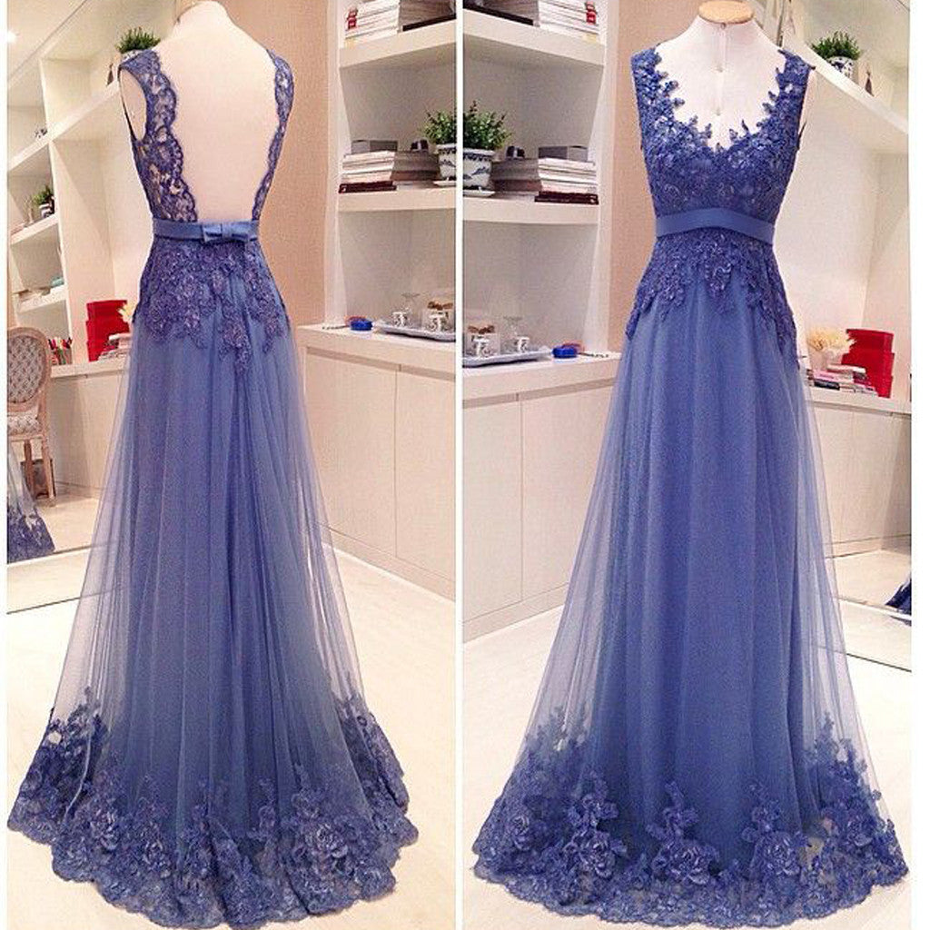 Blue Lace Open Back A-line Elegant Vintage Formal Prom Gown Formal Prom Dresses Secondary image