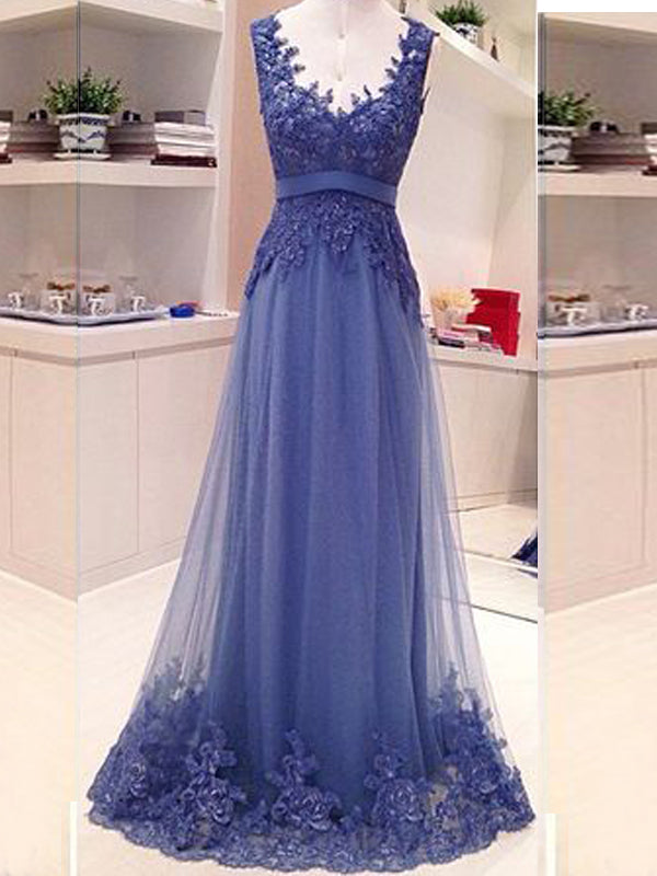 Blue Lace Open Back A-line Elegant Vintage Formal Prom Gown Formal Prom Dresses Main image