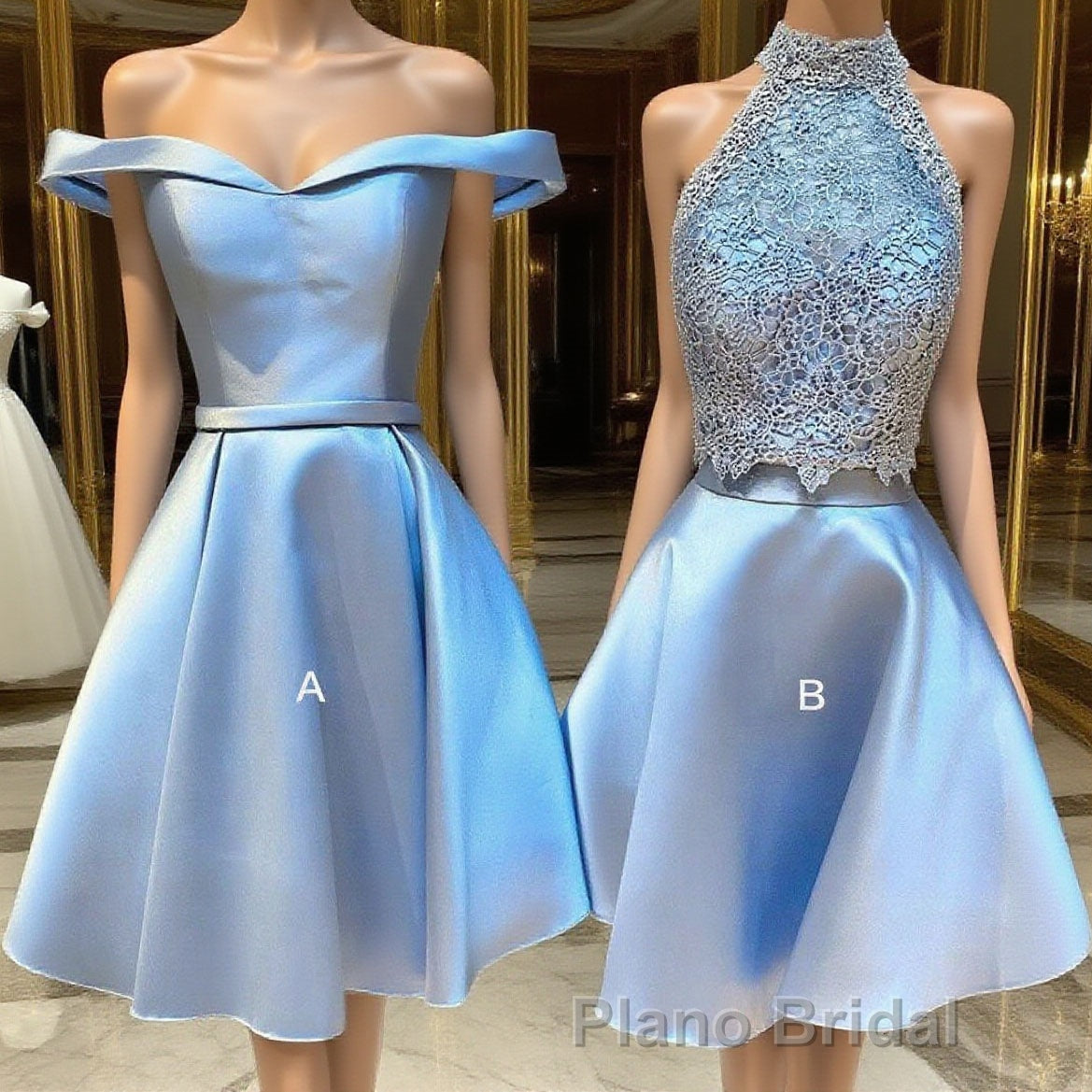 Blue lace satin short cocktail Dresses, blue homecoming Dresses Main image