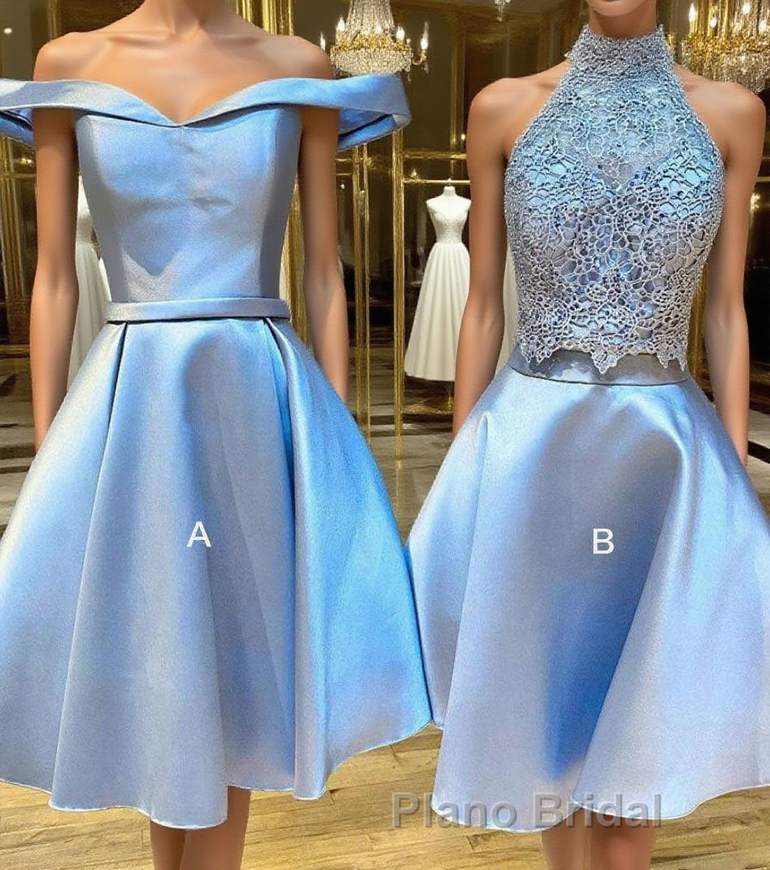 Blue lace satin short Formal Prom dress, blue homecoming dress Main image