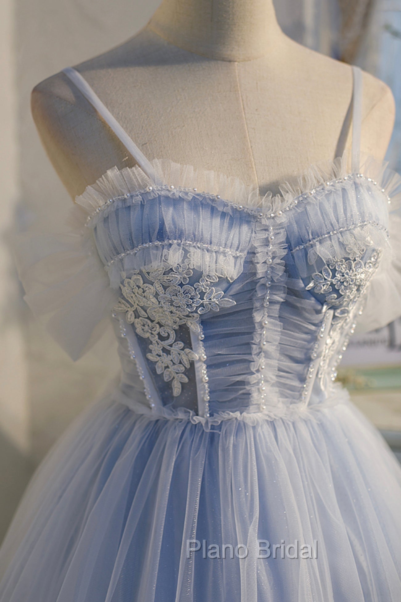 Blue Lace Short A-Line Formal Prom Dresses, Blue Spaghetti Straps Homecoming Party Dresses