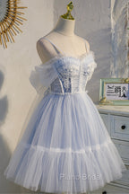 Blue Lace Short A-Line Formal Prom Dresses, Blue Spaghetti Straps Homecoming Party Dresses