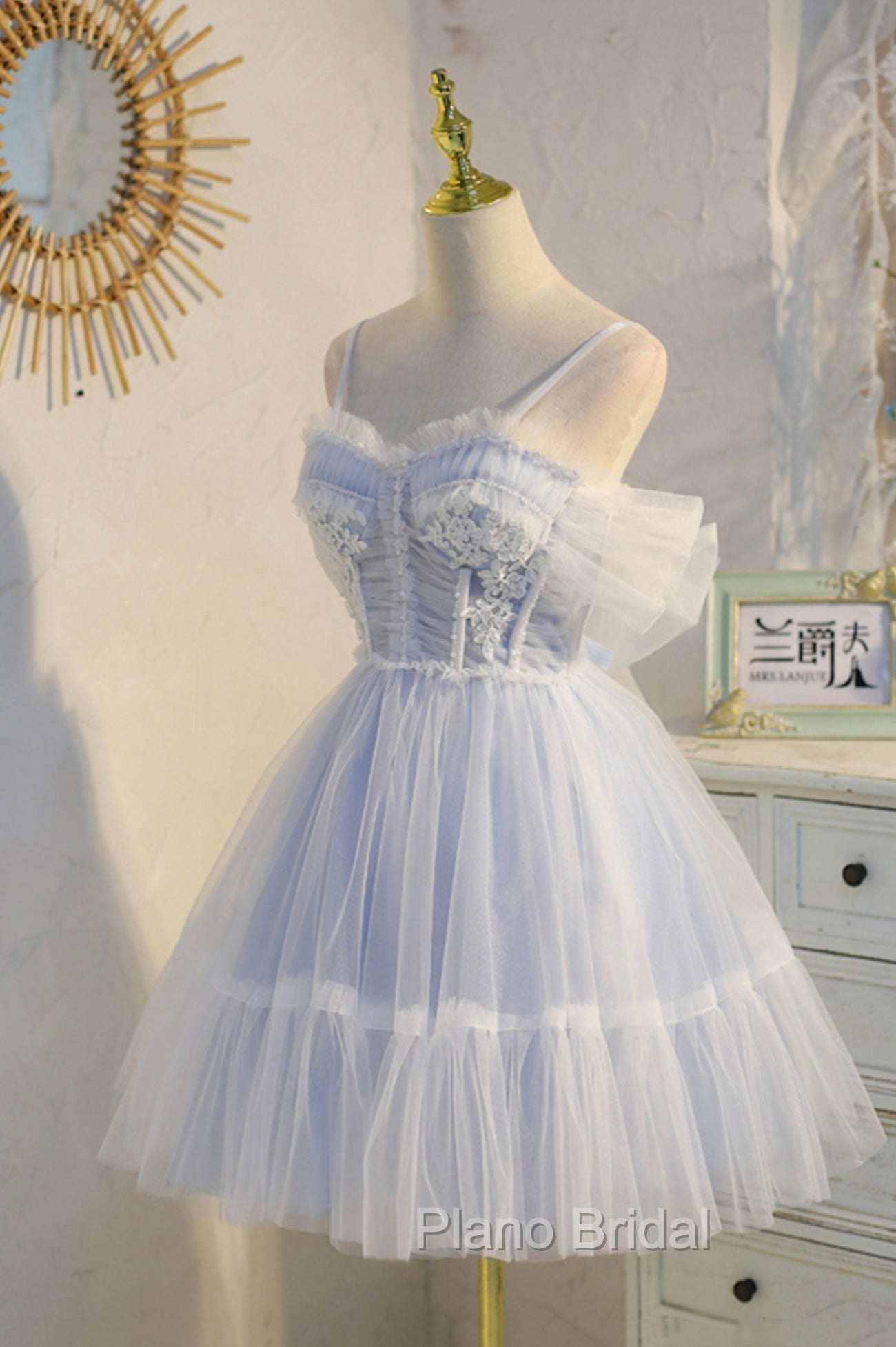 Blue Lace Short A-Line Formal Prom Dresses, Blue Spaghetti Straps Homecoming Party Dresses