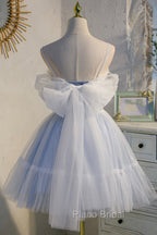 Blue Lace Short A-Line Formal Prom Dresses, Blue Spaghetti Straps Homecoming Party Dresses