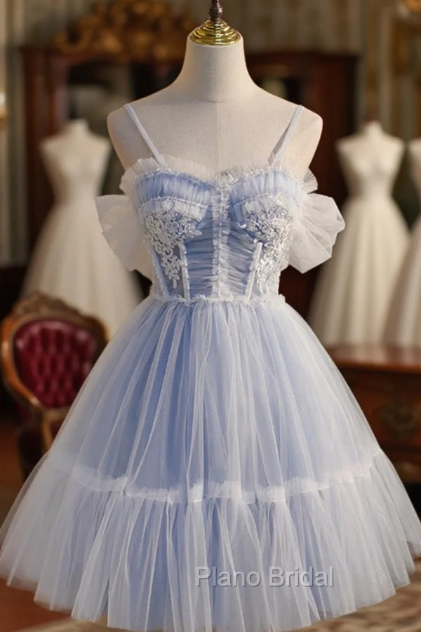 Blue Lace Short A-Line Formal Prom Dresses, Blue Spaghetti Straps Homecoming Party Dresses Main image