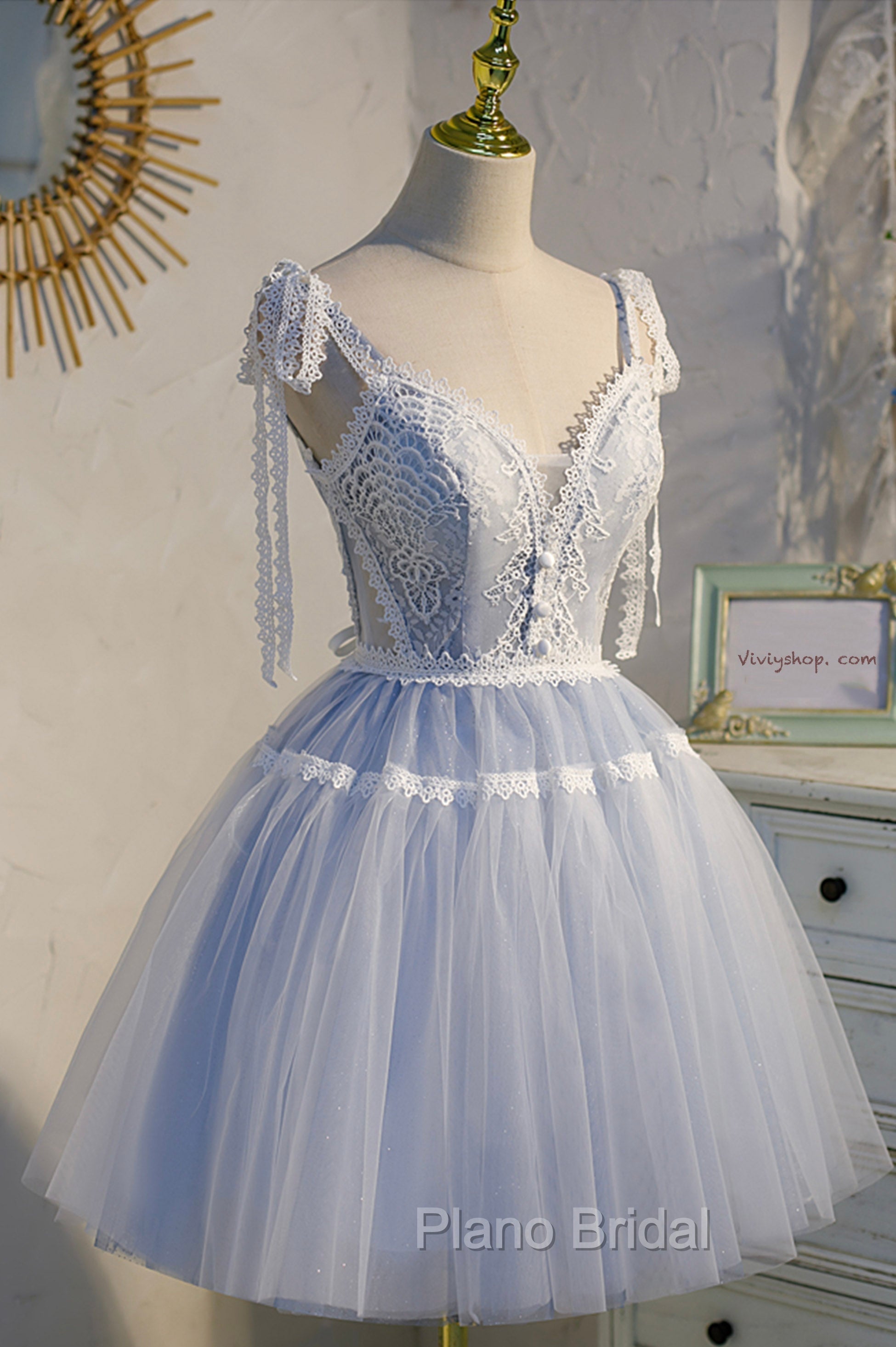 Blue Lace Short A-Line Formal Prom Dresses, Cute V-Neck Homecoming Party Dresses