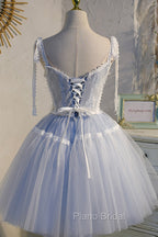 Blue Lace Short A-Line Formal Prom Dresses, Cute V-Neck Homecoming Party Dresses