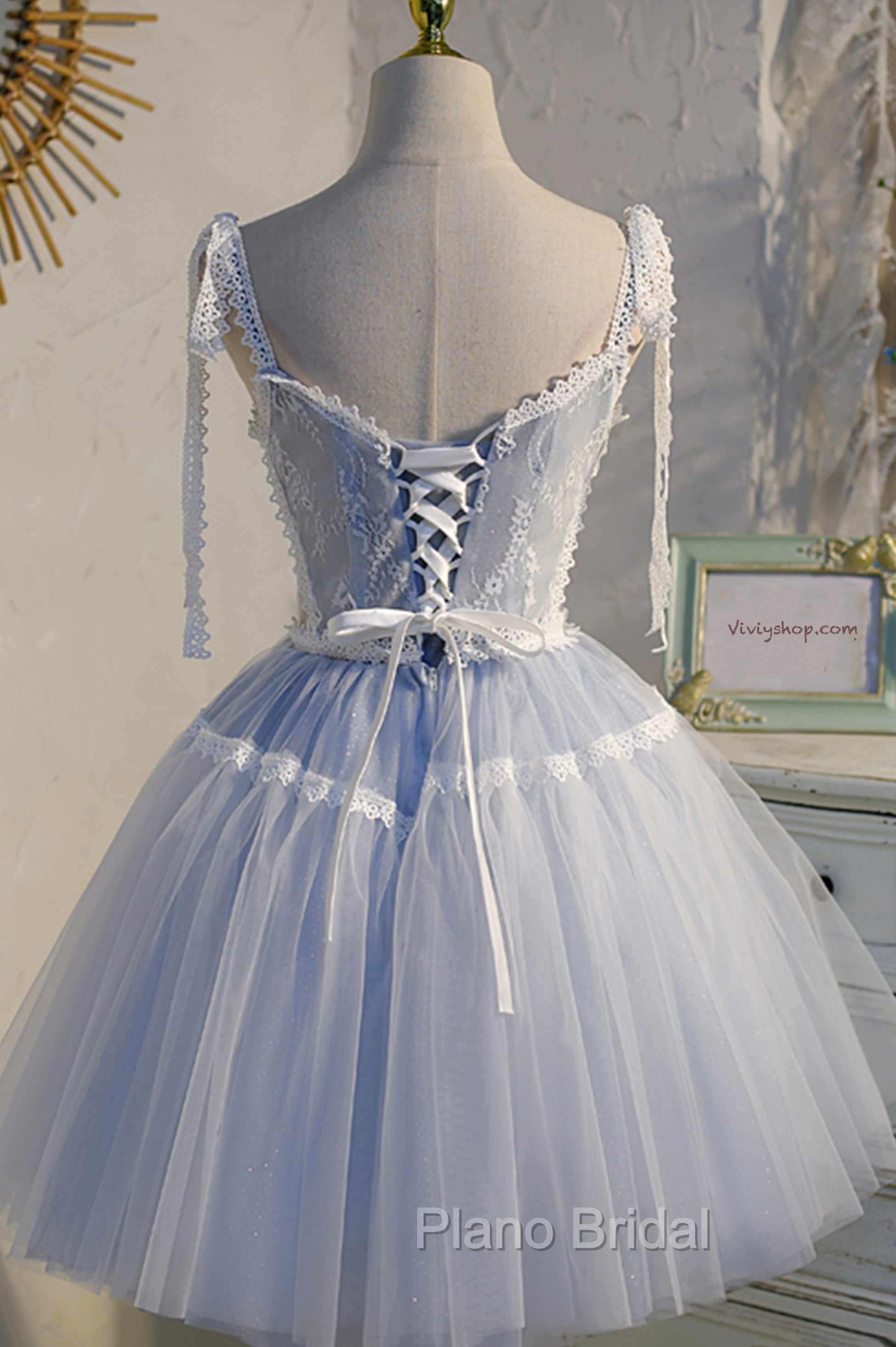 Blue Lace Short A-Line Formal Prom Dresses, Cute V-Neck Homecoming Party Dresses