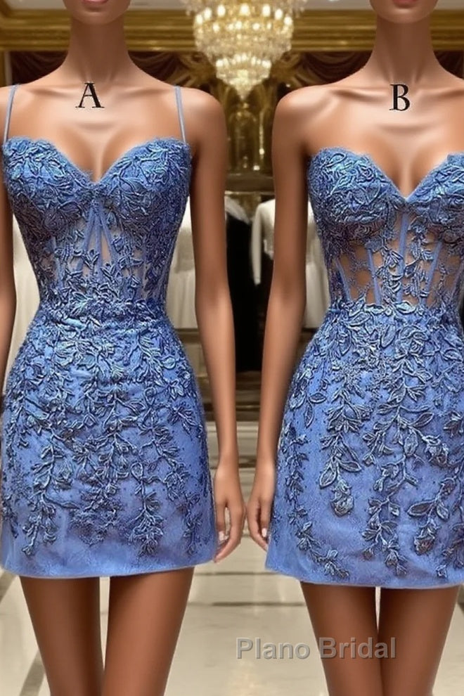Blue Lace Short Formal Prom Dress, Blue Homecoming Dress Main image