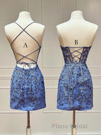Blue Lace Short Formal Prom Dress, Blue Homecoming Dress